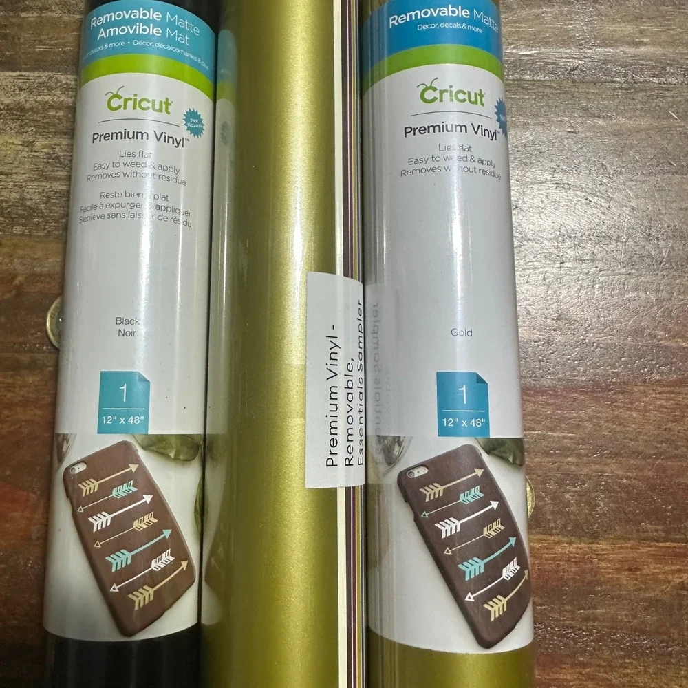 Cricut Premium Vinyl Removable Matte 12x48 Black Gold Essentials Sampler 3 Rolls